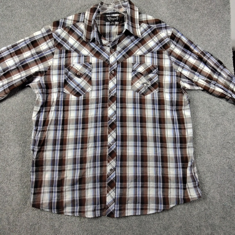 Cowboy Up Pearl Snap Shirt Men XXL Brown Plaid Long Sleeve Western Rodeo Graphic
